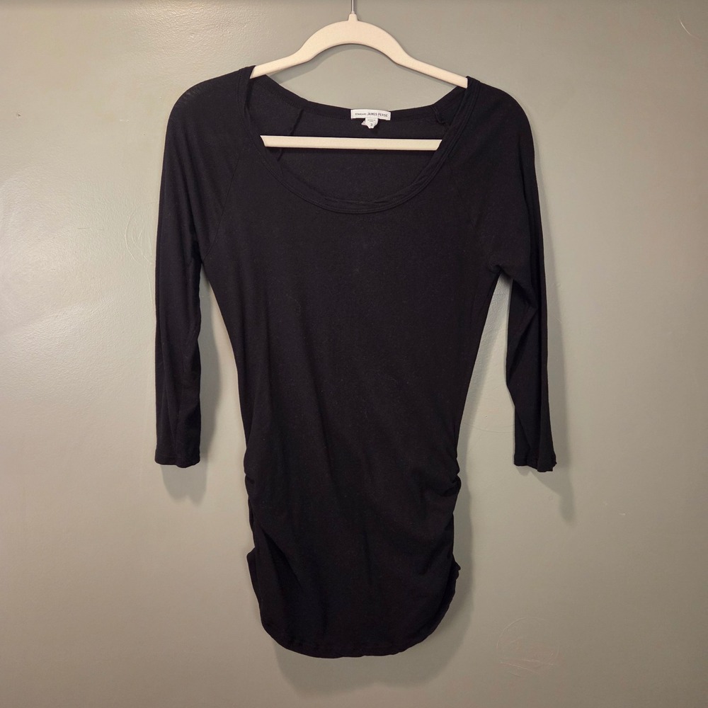 James Perse 3/4 Sleeve Ruched Sides Scoop Neck Shirt, Size 3, Black